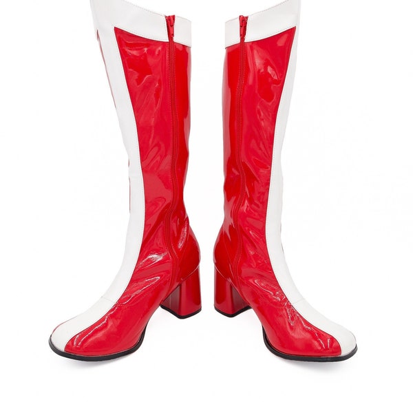 red go go boots, size 5 boots, disco boots, costume boots, coachella boots, platform boots, wonder women boots, red boots, knee high boots