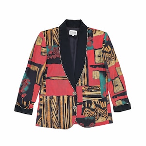 vintage 80s abstract shawl collar blazer medium summer lightweight blazer Button Up blazer jacket professional office top long sleeve v neck