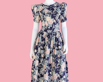 vintage floral bouffant dress size small floral dress spring dresses for women easter dress puff sleeve dress corset dress midi dress blue