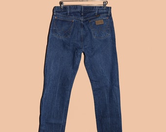 Wrangler Distressed Dark Classic Jeans Size 34x34 Denim Straight Leg Pants Work Blue Jeans Straight Leg Relaxed Fit Denim Western Cotton