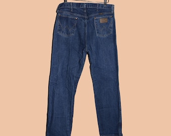 Wrangler Mens Cowboy Blue Jeans Size 34x34 Distressed Classic Denim Jeans Work Blue Jeans Straight Leg Relaxed Fit Denim Western Denim
