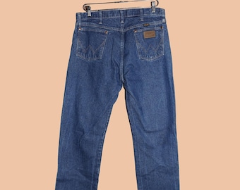 Wrangler Distressed Dark Classic Straight Leg Jeans Size 34x34 Denim Pants Work Blue Jeans Western Relaxed Fit Denim Cowboy Cotton Jeans