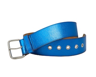 cinturón de cuero azul, cinturón de tamaño mediano, cinturón de cuero vintage, cinturón de metal plateado, cinturón de cuero grueso, cinturón de cuero ancho accesorios de cuero azul
