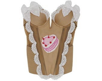 Reworked Pink & White Eat Me Birthday Cake Bow Corset Size 32B cottagecore barbie halloween gifts for her birthday vintage corsets pink top