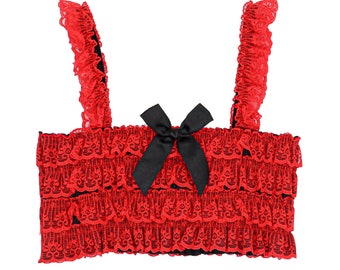 Débardeur court rouge et noir à volants et nœud petite taille Top à encolure carrée Débardeur cottagecore Débardeur d'été à nœud Sortie Top en dentelle extensible
