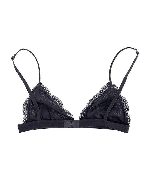 Triangle bralette with lace fabric. Lace trim. Adjustable thin straps