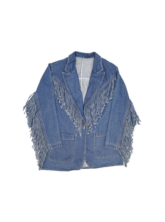 dark blue denim fringe cowboy blazer, size large b