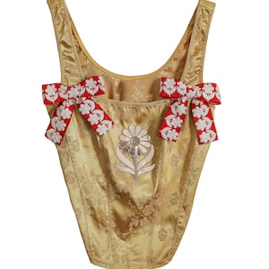 ReWorked Floral Embroidered Gold Red Bow Tank Corset Cocktail Party Top Medium Gold Tank Top Corset Glamorous Evening Wear Formal Top