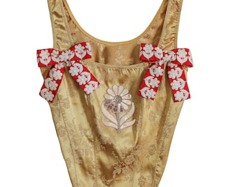 ReWorked Floral Embroidered Gold Red Bow Tank Corset Cocktail Party Top Medium Gold Tank Top Corset Glamorous Evening Wear Formal Top
