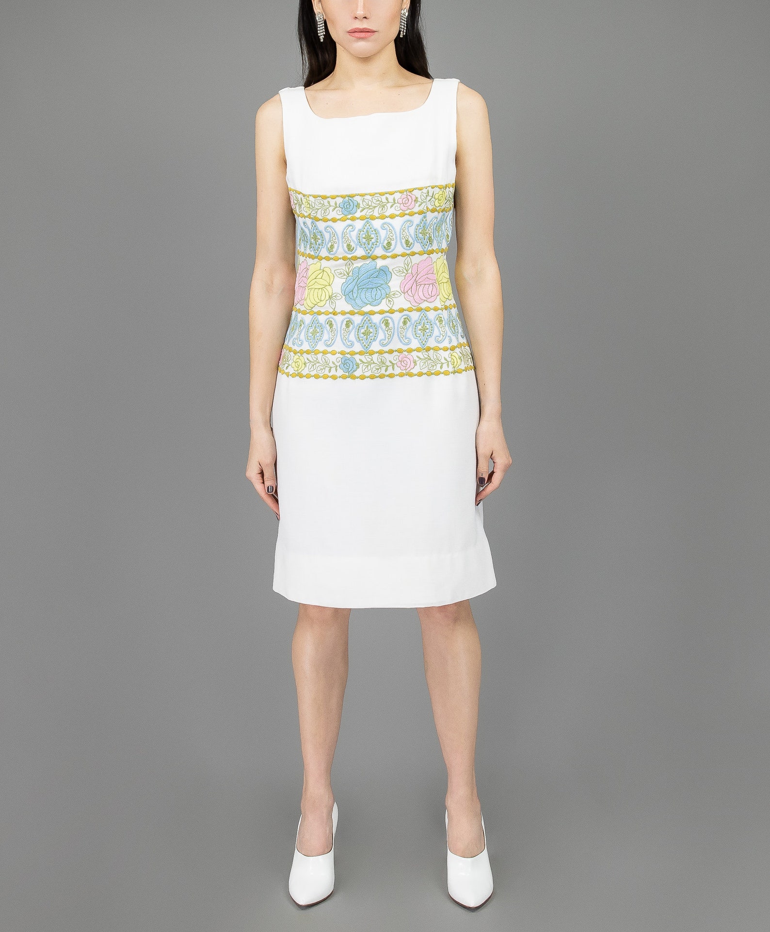 White Sheath Dress, Size Medium Dress, Floral Embroidered Dress, Easter