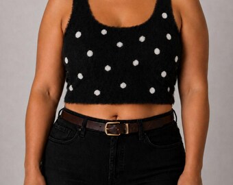 Vintage Schwarzes und weißes, flauschiges Baumwoll-Crop-Top mit Polka-Dots, Größe L