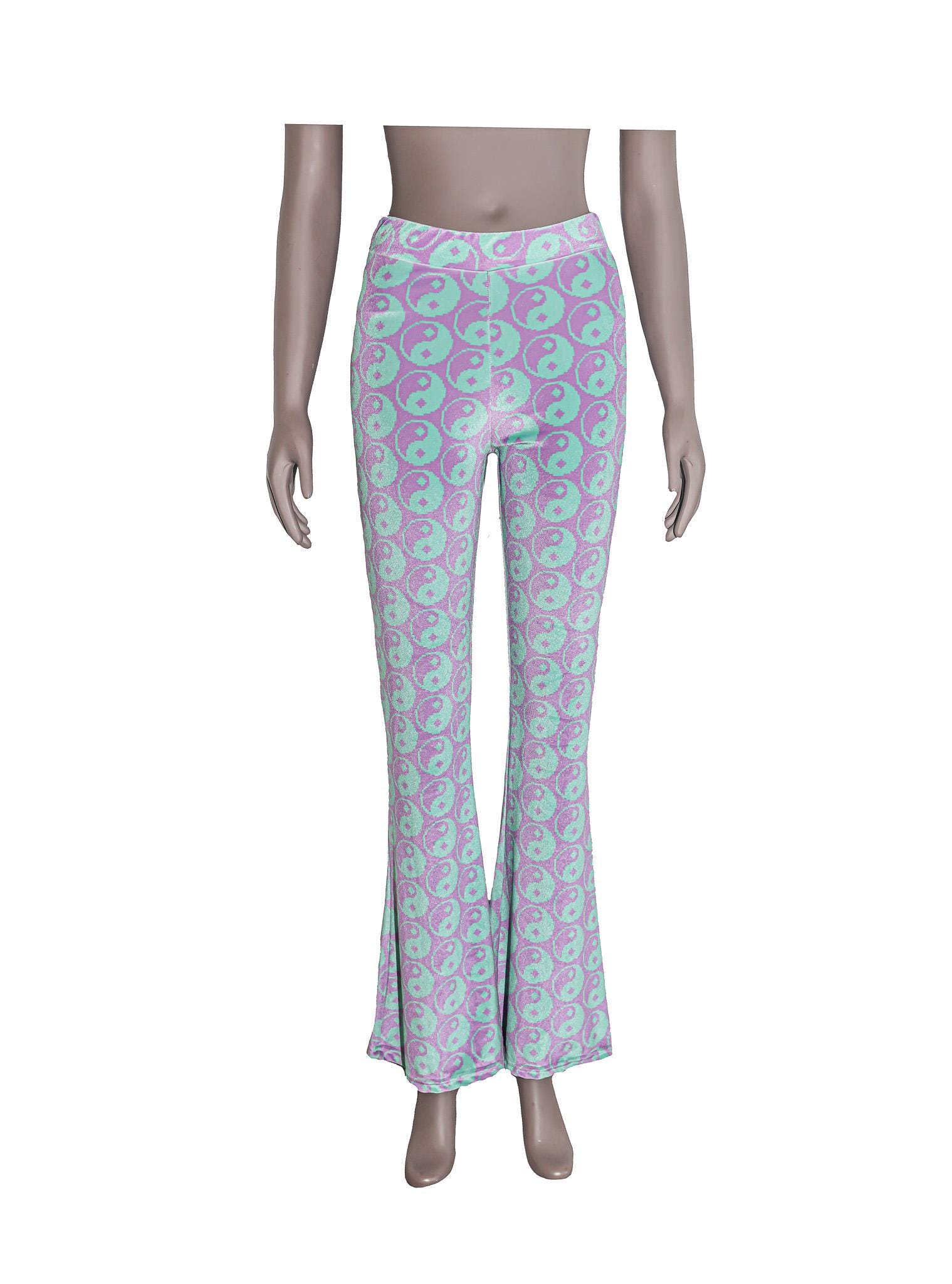 Mint Purple Digital Peace Sign Velvet Bell Bottom Flared Pants Size Small 80s Festival Party Leggings Hippie Bohemian Low Rise High Rise