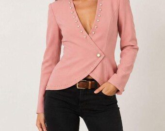 Vintage Blazer aus rosafarbenem Perlen-Strassstoff, Größe S, tailliert, Statement-Jacke im 90er-Jahre-Stil
