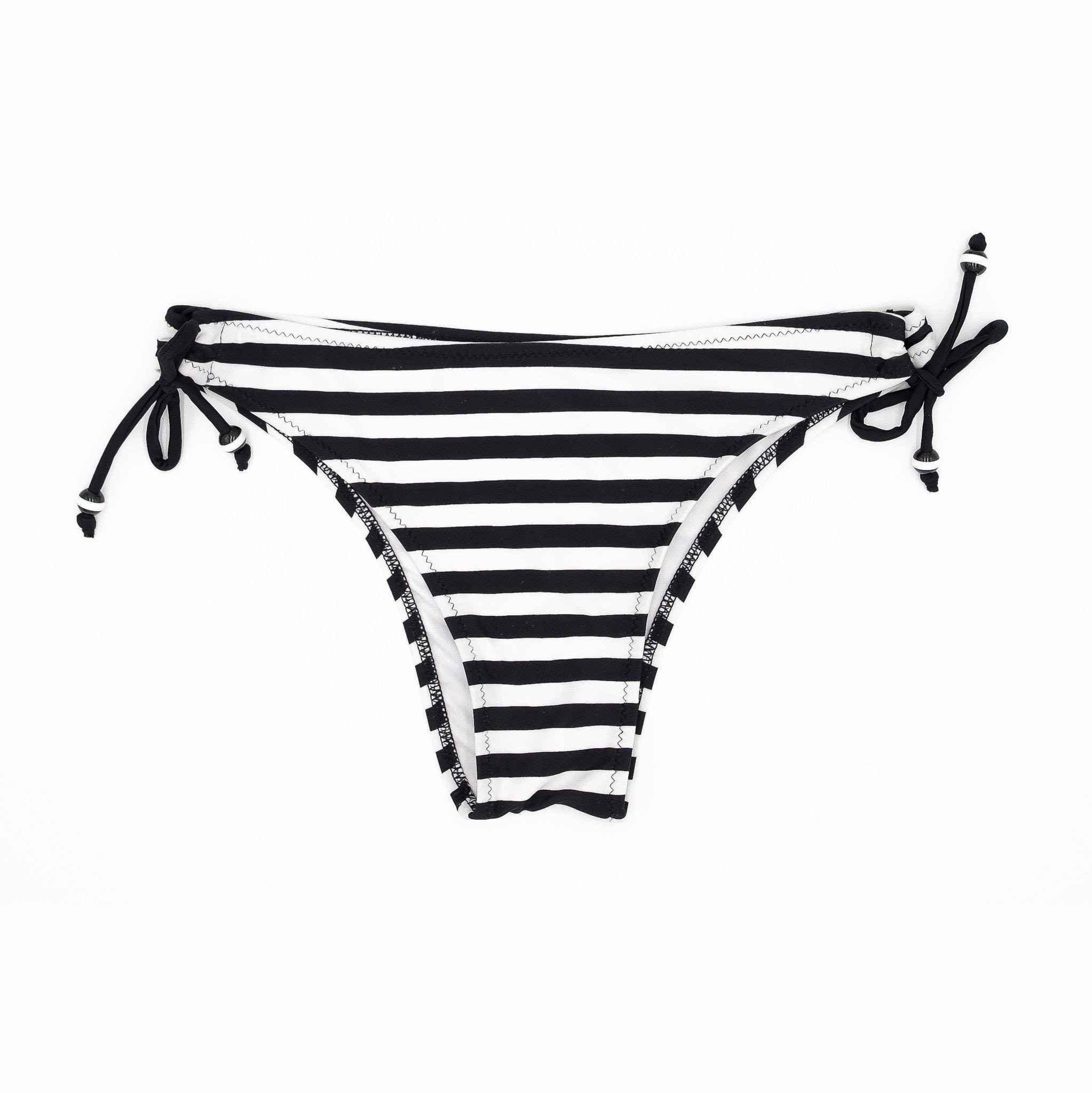 Black and white striped bikini bottoms. Side tie closure with black and white striped beads