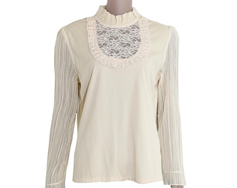 Creme Cottagecore Langarm Spitzenbluse Vintage-inspirierte Romantische Top Verwickelte Spitze Detail Shirt Boho Chic Ästhetische Bluse Größe M