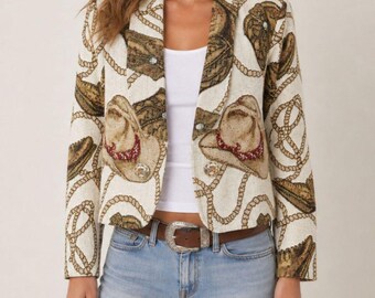 Vintage Western-Blazer mit Cowboy-Print, Größe M