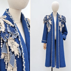 Blue Denim Long Coat Lace Shoulder Coat Boho Duster Jacket Statement Maxi Coat Women