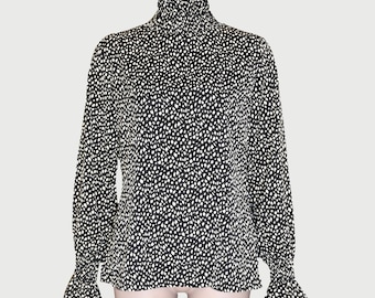 Blusa de lunares blancos y negros, talla pequeña, manga larga acampanada, cuello alto, blusa de otoño