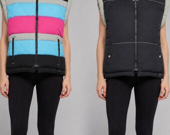 Vintage Wende-Steppweste im Colorblock-Stil, Schwarz, Rosa, Blau, Größe S, 90er Jahre, Y2K