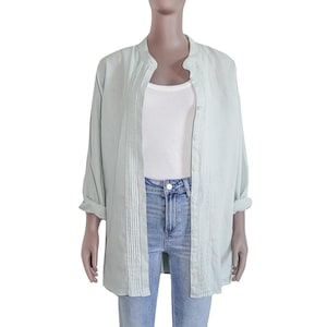 Blue Linen Button Down Shirt Lightweight Breathable Top Pleated Casual Blouse Size XL Long Sleeve Summer Blouse Mandarin Collared Top