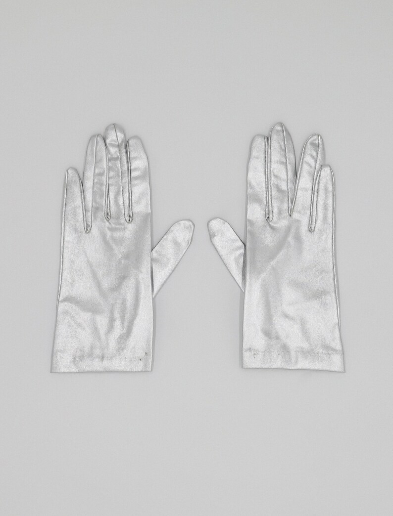 deadstock metallic silver gloves, size xs gloves, vintage gloves, 60s gloves, wedding gloves, 50s gloves, metallic gloves, costume gloves image 1