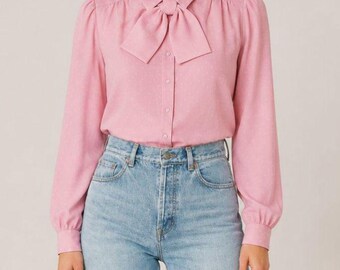Vintage rosa gepunktete Bluse mit Schleife, Größe M, langärmelig, Sekretärinnenbluse aus den 80er und 90er Jahren