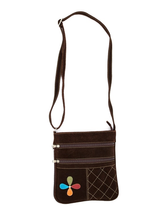 Brown Suede Floral Messenger Bag - Vintage Bags -