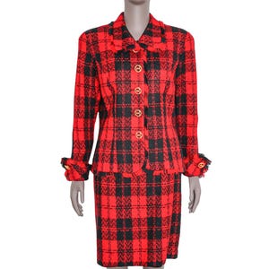 Vintage 80s Preppy Red Black Plaid Skirt Suit Size 8 Matching Set Formal Evening Work Office 1980s Collared Blazer Pencil Skirt Workwear