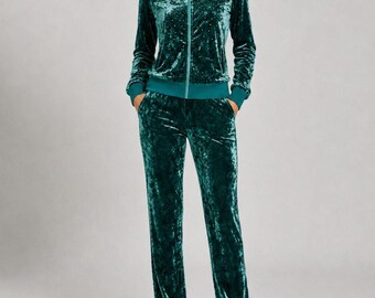 Vintage grüner Samt-Trainingsanzug mit Strass-Reißverschluss, Jacke und Hose mit weitem Bein, Größe S