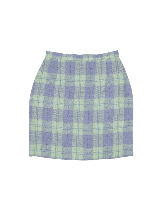 pastel blue & green tartan short pencil skirt, siz