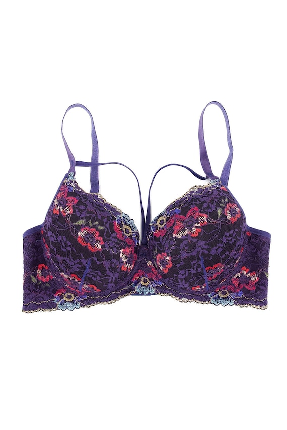 Purple Floral Lace Demi Bra, Size Medium Bra, Size 36c Bra, Purple