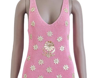 Embroidered Pink Knitted Tank Top Women’s Sleeveless Knit Boho Summer Top Small ReWorked Floral Boho V Neck Casual Summer Boho Style Party