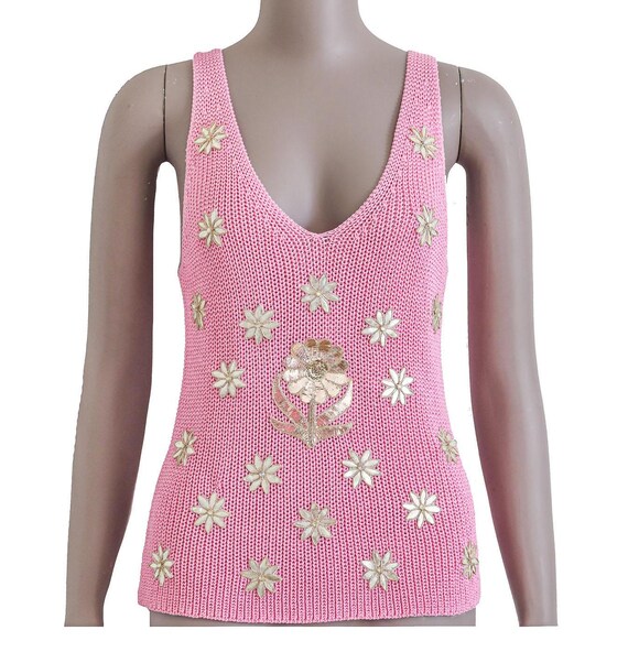 Embroidered Pink Knitted Tank Top Women’s Sleeveless Knit Boho Summer Top Small ReWorked Floral Boho V Neck Casual Summer Boho Style Party
