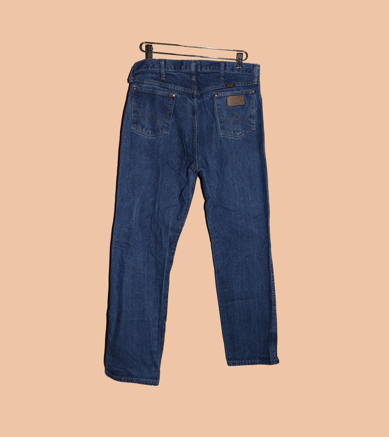 Wrangler Mens Cowboy Blue Jeans Size 34x34 Distressed Classic Denim Jeans Work Blue Jeans Straight Leg Relaxed Fit Denim Western Denim image 1
