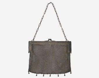 tarnished silver kiss lock metal mesh bag, vintage kiss lock bag, vintage mesh bag, vintage chainmail bag, art deco metal bag, art deco bag