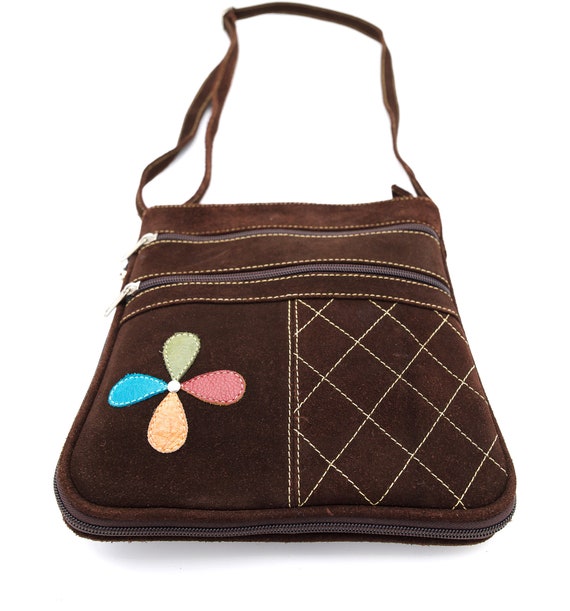 Brown Suede Floral Messenger Bag - Vintage Bags -… - image 4
