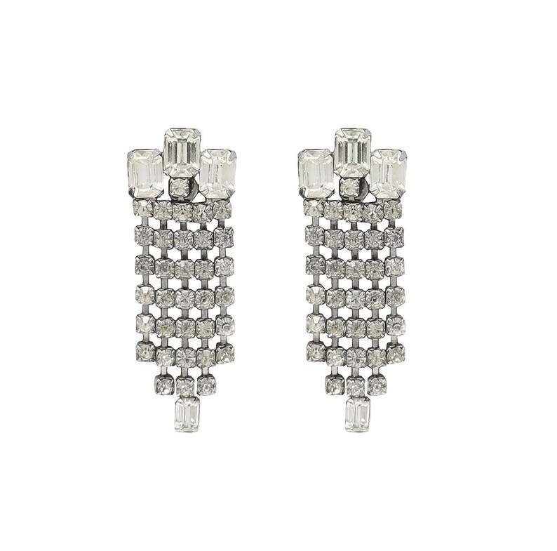 collector of vision vintage shop art deco dangling crystal clip on earrings with square crystal detail at the top