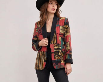 Vintage 80er-Jahre City Girl Blazer mit abstraktem Print, Damengröße M, Schwarz, Rot, Gold