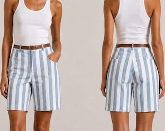 Vintage Bermuda-Shorts im Küstenstil der 80er Jahre mit maritimen Streifen, Größe M