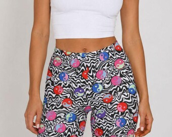 Y2K-bedruckte Radlerhose, Größe S, hochgeschnitten, farbenfroh, Retro-Sportbekleidung