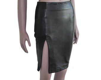 Falda de cuero negra de cintura alta con abertura lateral, talla pequeña, elegante, estilo lápiz, moderna, midi, para verano, para oficina, fiesta, formal, de noche