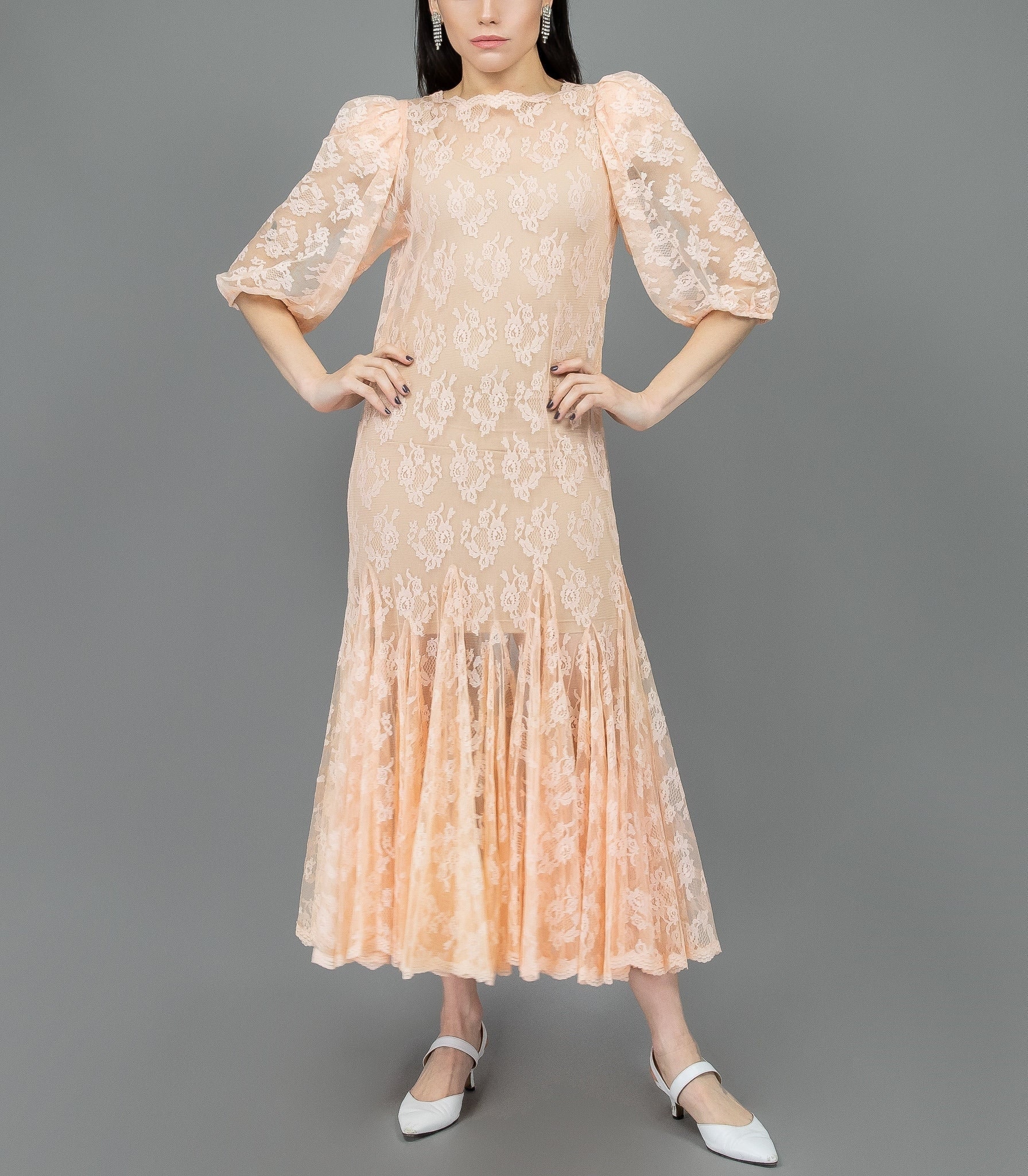 lace mermaid gown, small vintage dress, art deco dress, wedding guest dress, 20s flapper dress, bishop sleeve dress, pink dress women, dress