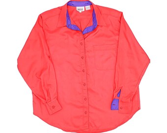 Leslie Fay Rot Lila Kragen Button Down Bluse Klassisch Langarm Shirt Büro Wear, Casual Chic Top Vintage 80er Jahre Damenbekleidung