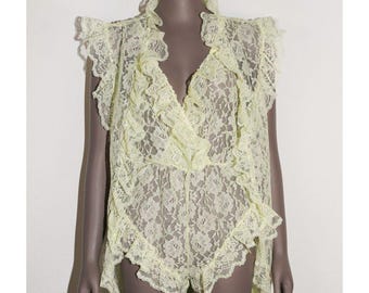 Yellow Lace Ruffle Bodysuit Small Sheer Coquette Cottagecore Boho Bridal Beach