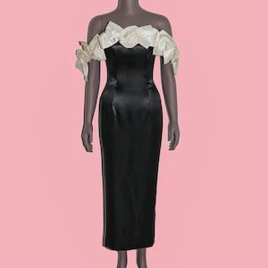 Jessica McClintock Gunne Sax Black Satin Off Shoulder Gown XS Floral Formal 80s