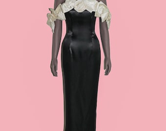 Jessica McClintock Gunne Sax Black Satin Off Shoulder Gown XS Floral Formal 80s