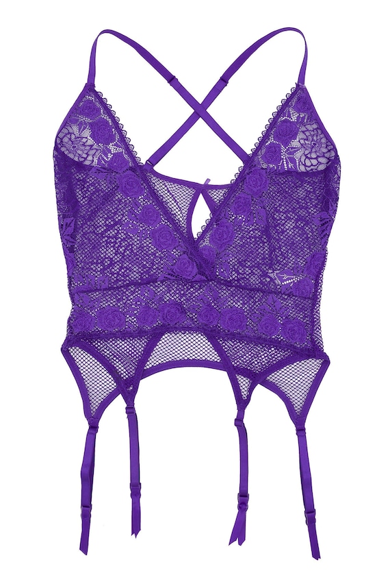 purple lace mesh garter tank, size medium lingerie