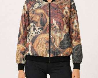 Vintage Bomberjacke mit Hundeprint, Größe S, 90er-Jahre-Windbreaker mit Tiermotiven