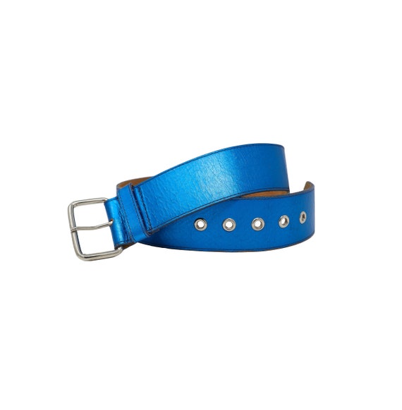 blue leather belt, size medium belt, vintage leath