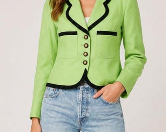 Vintage Kasper Blazer, limettengrün, schwarzer Besatz, Größe 8 (mittel), goldfarbene Knöpfe, taillierte Jacke
